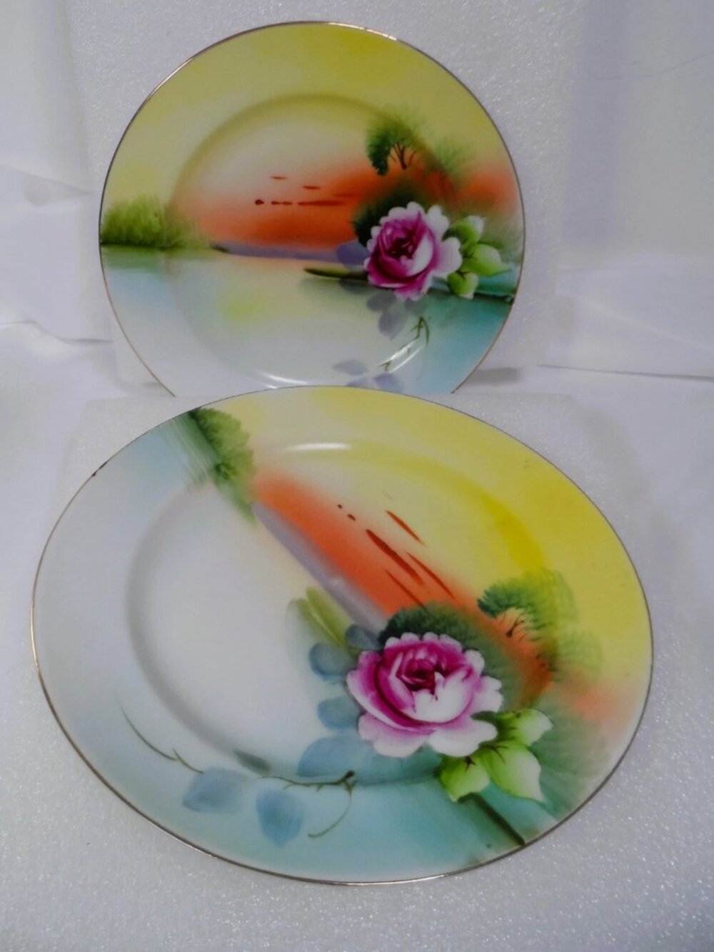 Noritake Morimura 2-Cake Plates Sunset + Pink Flower Handpainted-Japan Vintage